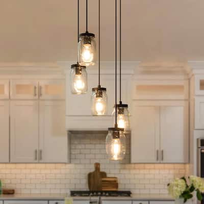 Modern Farmhouse 5-Light Mason Jar Glass Chandelier Pendant Island Lights - D15" x H66"