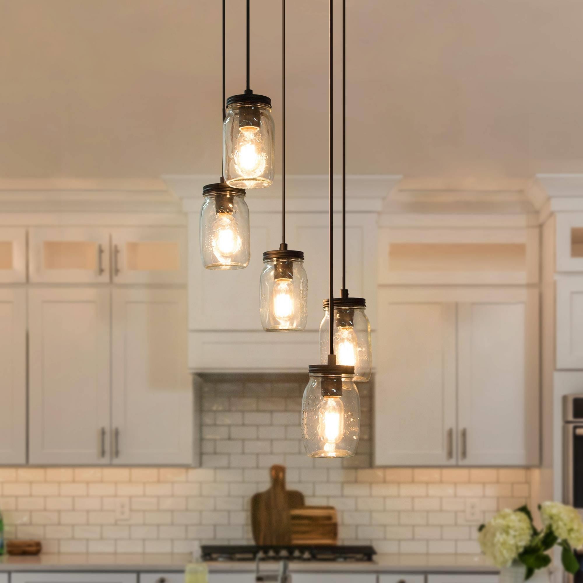 Modern Farmhouse 5-Light Mason Jar Glass Cluster Chandelier Foyer Pendant Kitchen Island Ceiling Light - D15" x H66"
