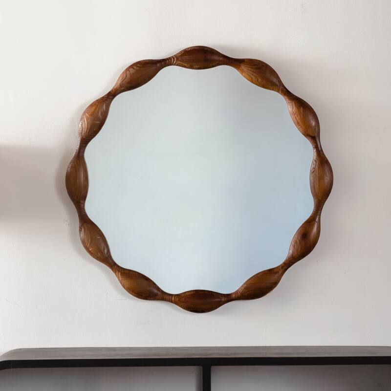 32.28" Solid Wood Round Mirror, Rustic Farmhouse Wavy Irregular Decorative Wall Mirror - Walnut