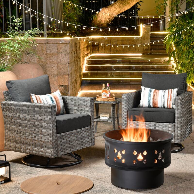 HOOOWOOO 4-piece Wicker Patio Swivel Chair Set with Wood Burning Fire Pit - Black