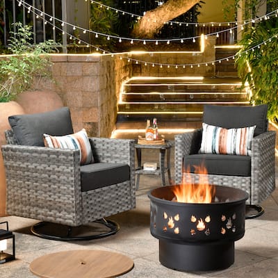 HOOOWOOO 4-piece Wicker Patio Swivel Chair Set with Wood Burning Fire Pit
