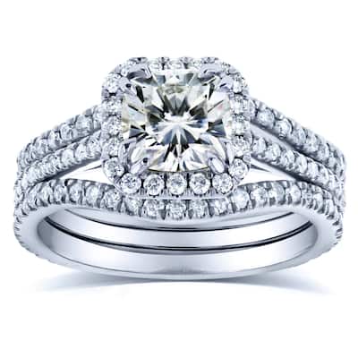 Kobelli 1.8 Carats Moissanite & Natural Diamond Solid 14k White Gold Square Halo 3pc Bridal Set