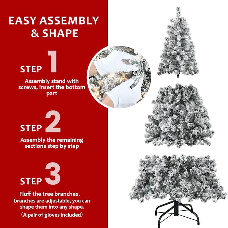 5FT Flocked Christmas Tree with 150 Warm White Incandescent Lights - Snowy Artificial Tree with 407 Tips and Sturdy Metal Stand