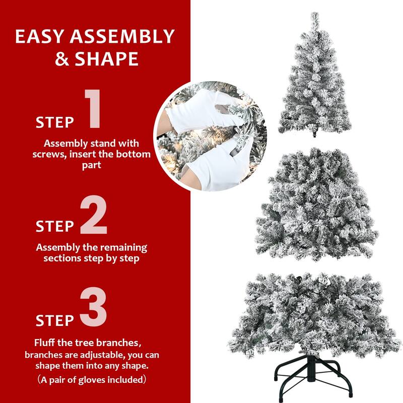 7FT Flocked Christmas Tree with 350 Warm White Incandescent Lights-Snowy Artificial Tree with 1022 Tips and Sturdy Metal Stand