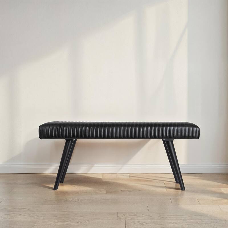 Mango Wood and Leather Grid Bench