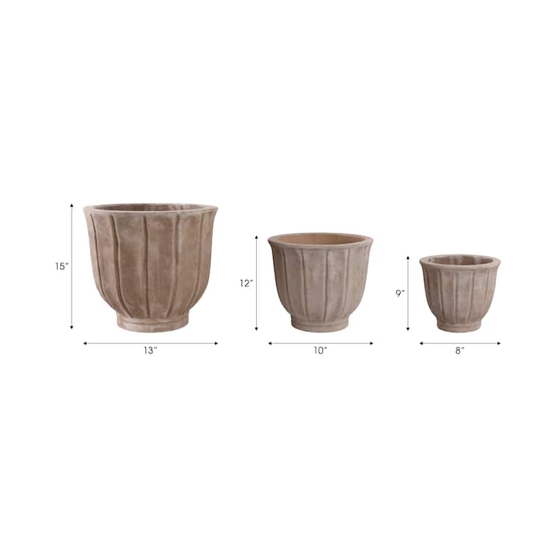 Pottery Clay Planters with Petal Ribbed Detailing (Set of 3) - 15" x 15" x 13"