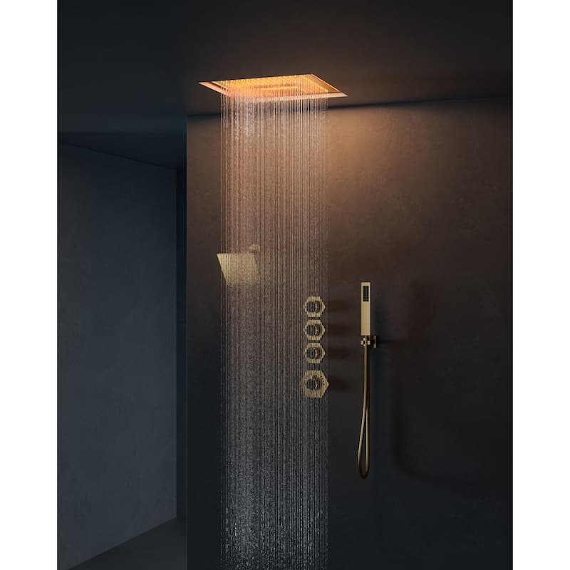 Thermostatic Music Shower System Dual Heads 16" & 6" Rainfall Waterfall LED Shower Head with High Pressure Handheld Spray