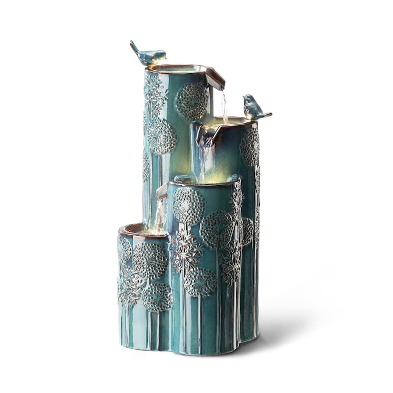 Glitzhome 31.75"H 4-Tier LED Vase-Shaped Ceramic Outdoor Floor Fountain with Birds/ Lotus
