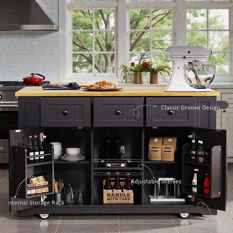 53" Large Kitchen Island with Drop Leaf, Power Outlet, Rolling Cart with Internal Door Racks, Wheels