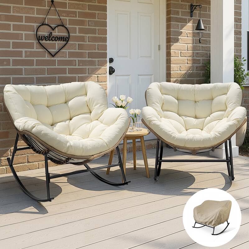 Outdoor Rocking Papasan Chair, Wide Egg Rocking Chair with Thick Padded Cushion, 450 lb Capacity Patio Relaxing Rocker - 2PCS-Beige w/ 2 covers
