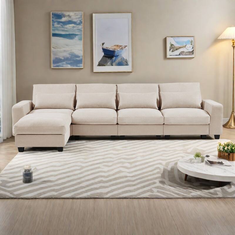 129.9" Chenille L-Shape Sectional Sofa with Reversible Chaise, Feather-Filled Cushions and Spring Support - Beige
