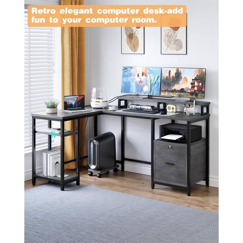 67" L Shaped Computer Desk with Power Outlet