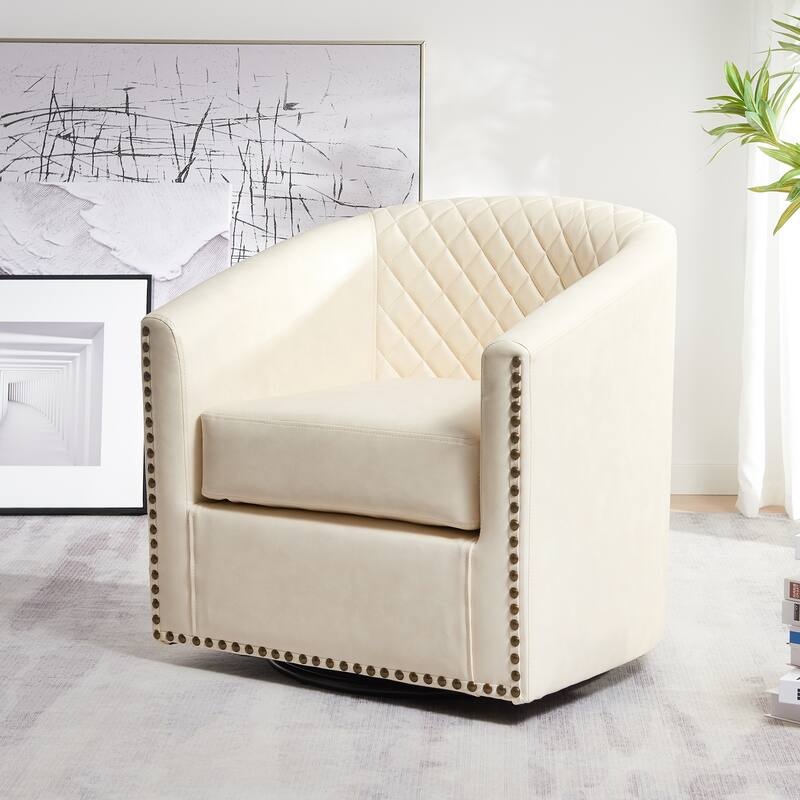 KINWELL 29" Wide Tufted PU Leather Swivel Barrel Chair