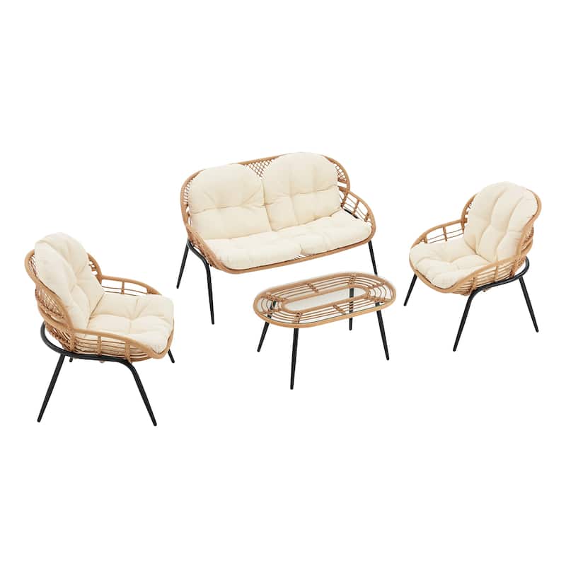 Manhattan Comfort Pine Modern 4-Piece Patio Conversation Set