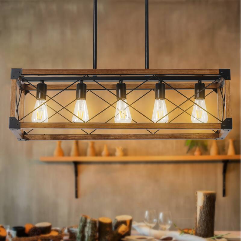 Farmhouse Vintage Crystal Chandelier, Rustic 5-Light Pendant Light, Industrial Hanging Light Fixture for Dining Room Kitchen - Walnut+black