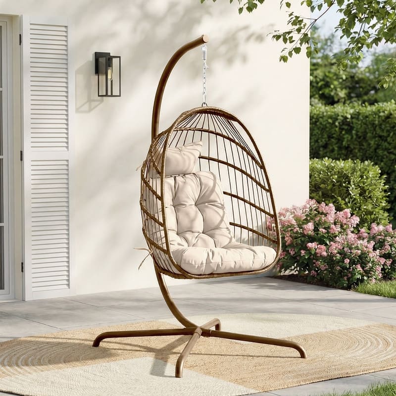 Oversized Wicker Hanging Egg Chair with Stand, Outdoor Indoor Swing Chair with Cushion, 350 lb Capacity - Brown