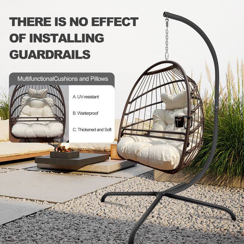 Swing Egg Chair with Cushion and Pillow, Indoor Outdoor Wicker Rattan Patio Basket Hanging Chair with Metal Stand