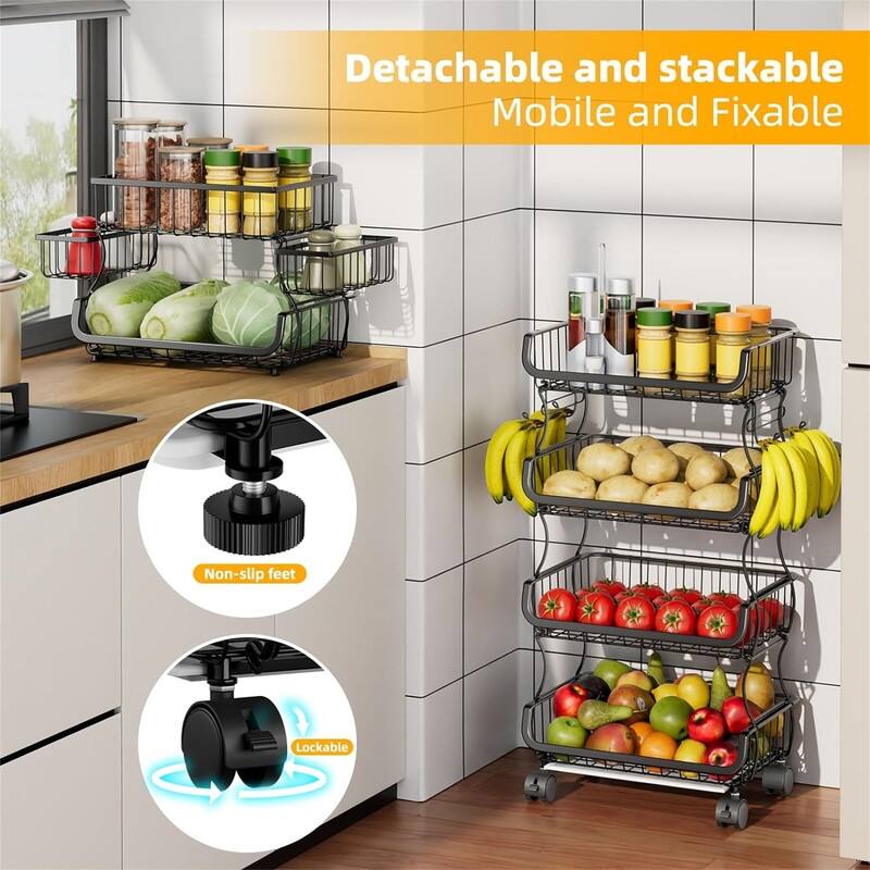6 Tier Rolling Cart Stackable Fruit Vegetable Basket with Wheels and 2 Hanging Basket - 11.75"D x 15.75"W x 51"H