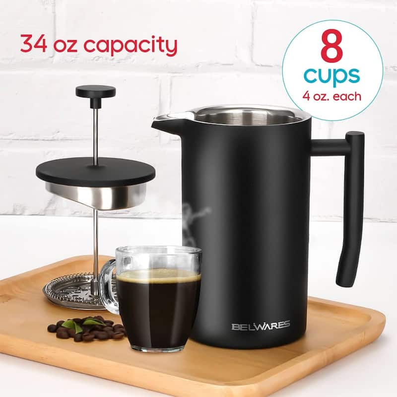 French Press Coffee Maker – Insulated Coffee Press Stainless Steel 304 – Coffee Spoon, Double Wall, & 4 Level Filtration System
