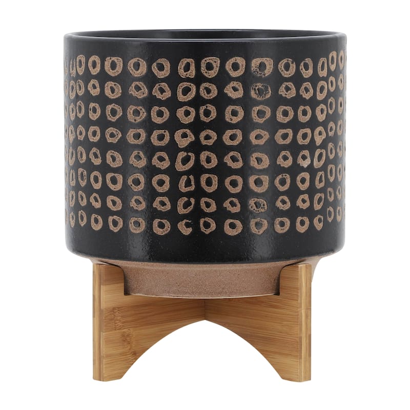 Sagebrook Home Neutral Tan and Brown Ceramic Dotted Planter with Wood Stand Indoor Outdoor