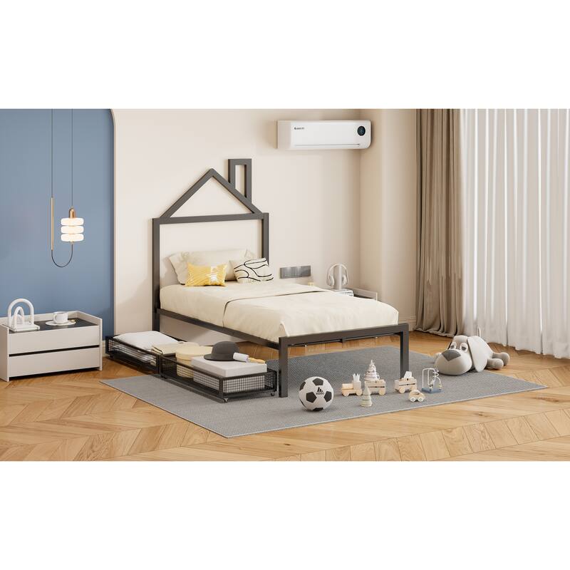 Twin Size Metal Platform Bed with House Design and 2 Storage Drawers