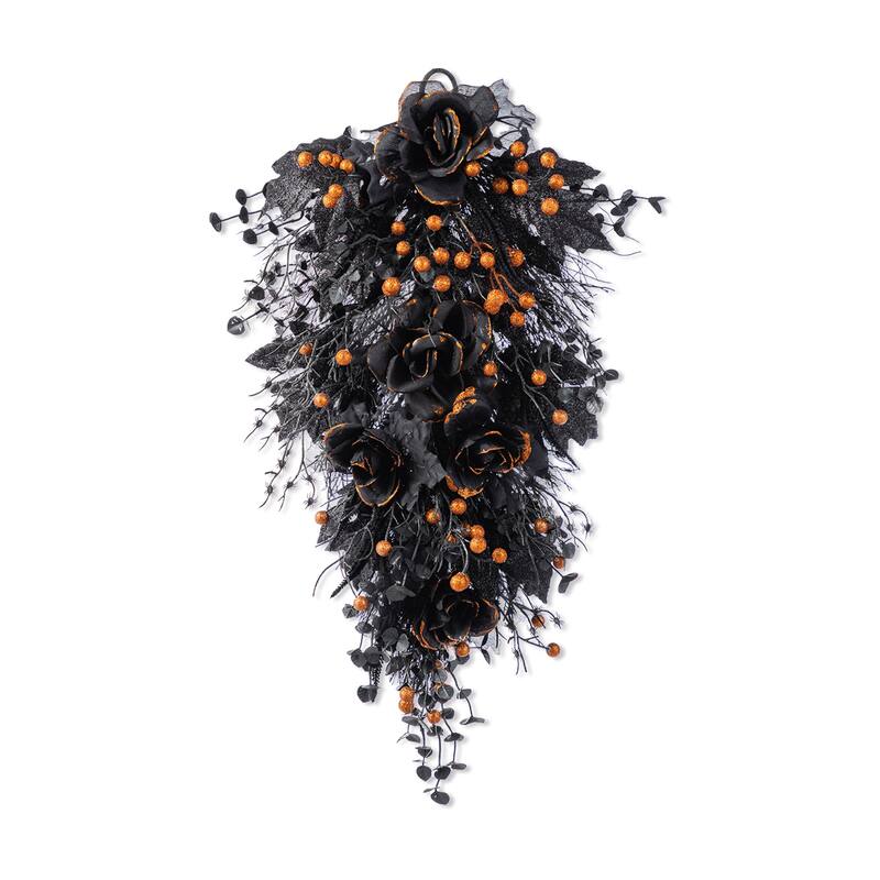 Glitzhome Halloween Black Rose Skeleton & Berry Wreath or Swag with Metal Wreath Hanger