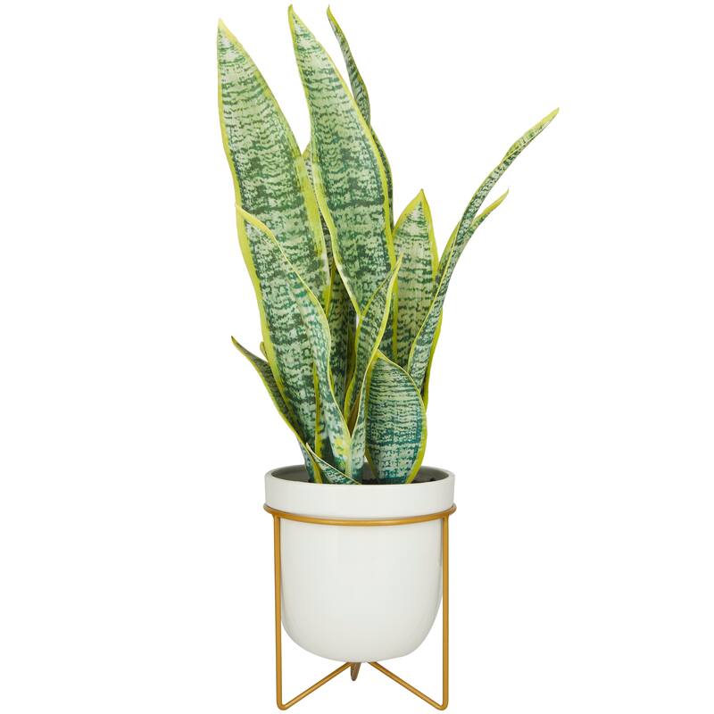 Green Faux Foliage Artificial Plant with Realistic Leaves and White Porcelain Pot and Gold Stand