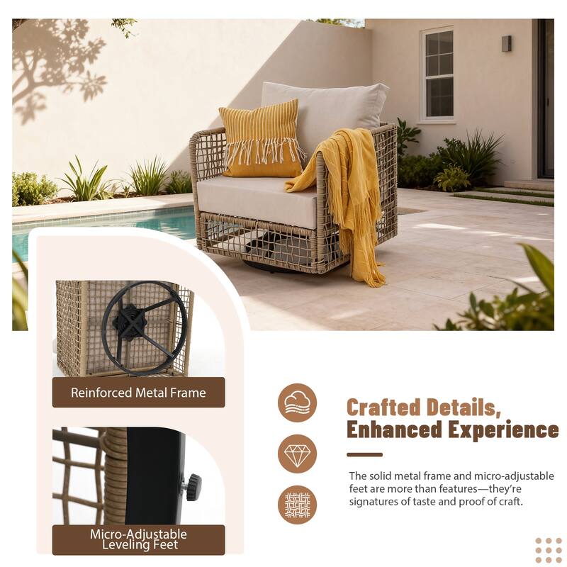 Outdoor PE Wicker 360 Swivel Patio Chairs with Thick Cushions, Weather Resistant Metal Frame for Patio, Balcony, Poolside