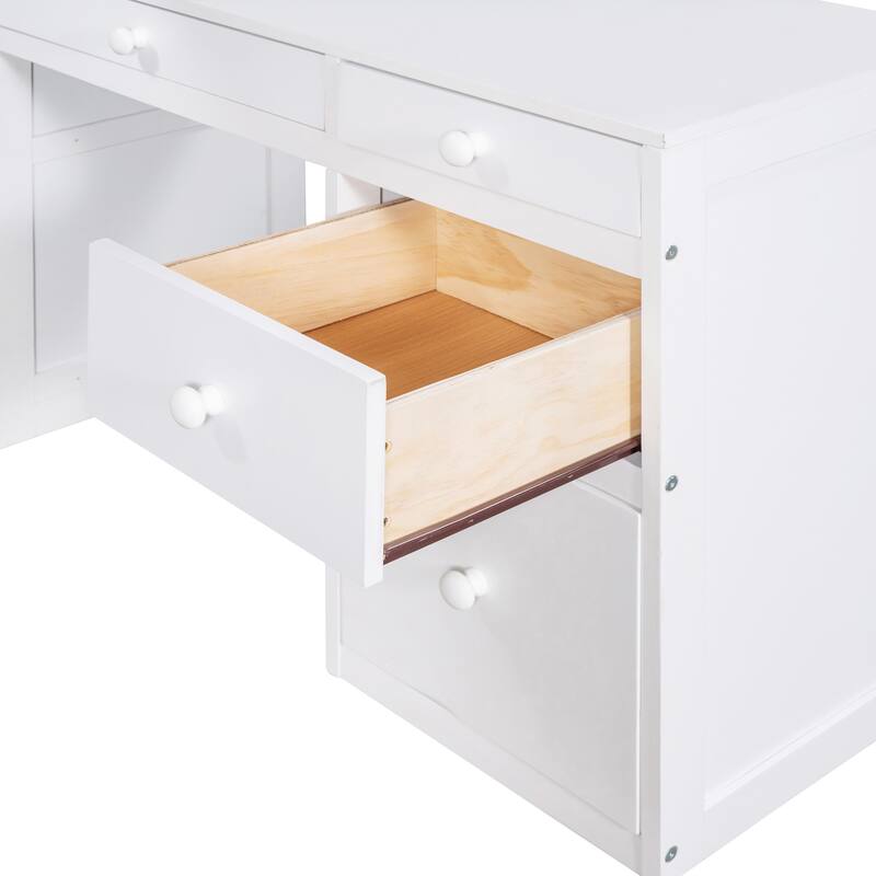 Twin Size Loft Bed with Ladder, Shelves, Solid Wood Loft Bed Frame with 4-Drawers Desk, Box Spring No Required