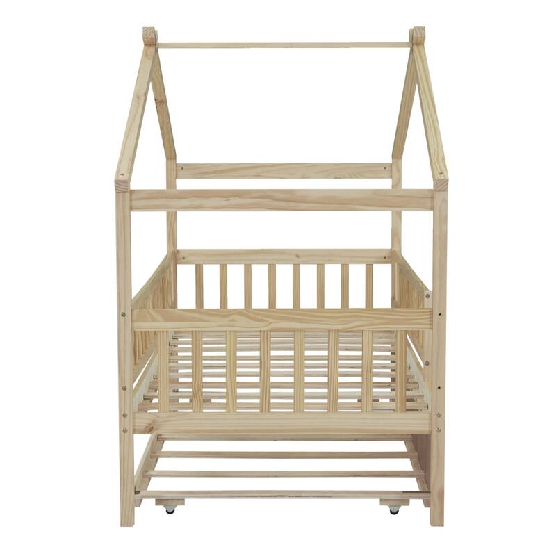 Twin Pine House Bed with Trundle, Guardrail & Roof