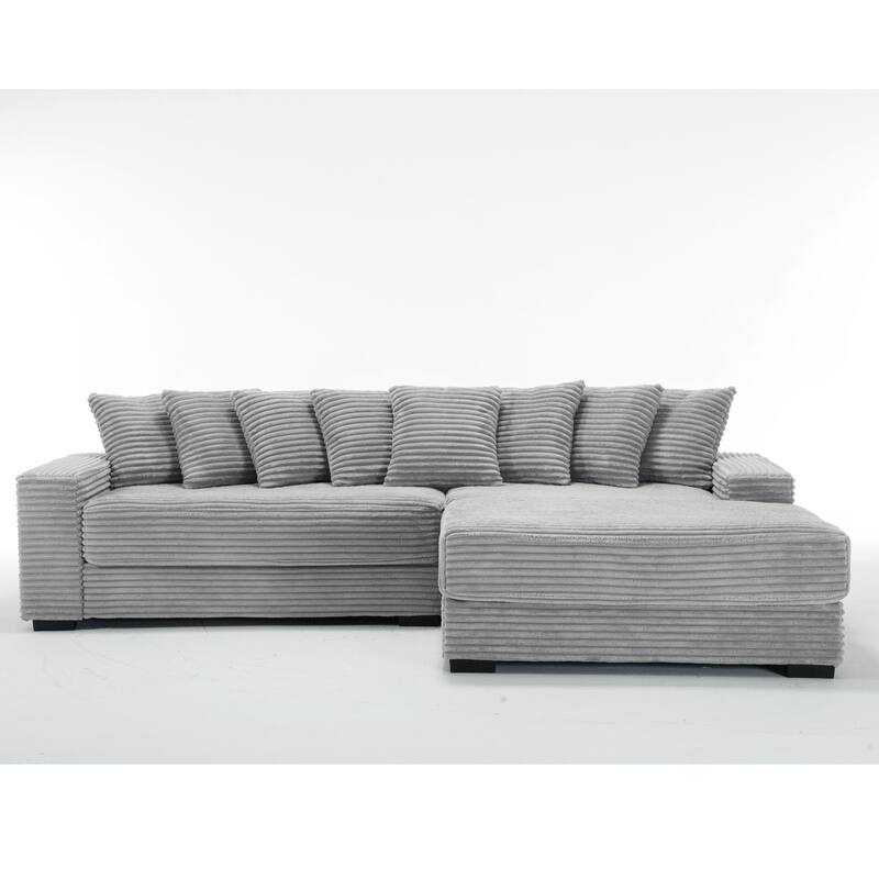 Oversized Two-Piece L Shaped Corduroy Corner Sofa with Eight Throw Pillows, Gray