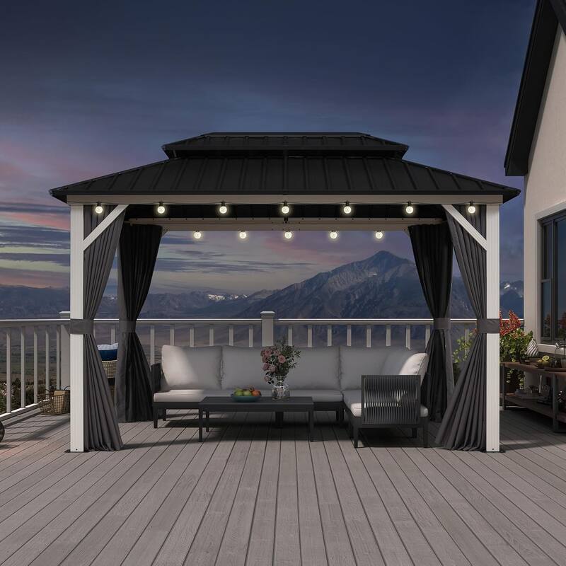 PURPLE LEAF Patio Hardtop Gazebo for Outdoor Grey Galvanized Steel Double Roof White Aluminum Poles - 08' x 12' - Grey with Light
