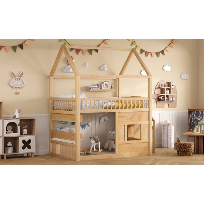Roomfitters Full Size Wood House Loft Bed with Storage Stairs and Built-in Shelving, Modern Space-Saving Sleep Space