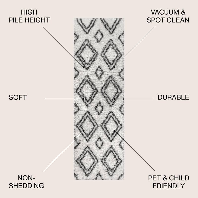Aydin Moroccan Style Diamond Shag Ivory/Dark Gray 2 ft. x 8 ft. Runner Rug - 2 X 8