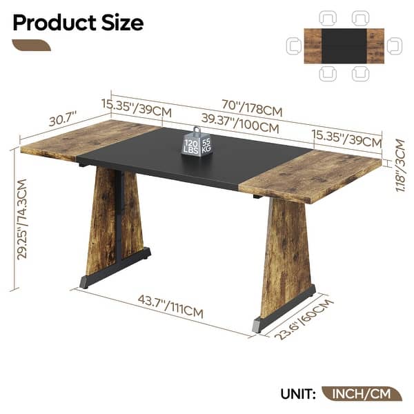 dimension image slide 0 of 2, 70'' Wood Dining Tables with Metal Base For 6-8 People , Rectangle Kitchen Table & Brown Computer Desk For Home Office
