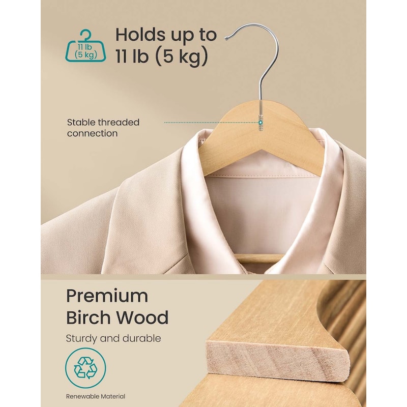 Birch Wood Hangers with Metal Hooks, Slim Design, and 360 Swivel