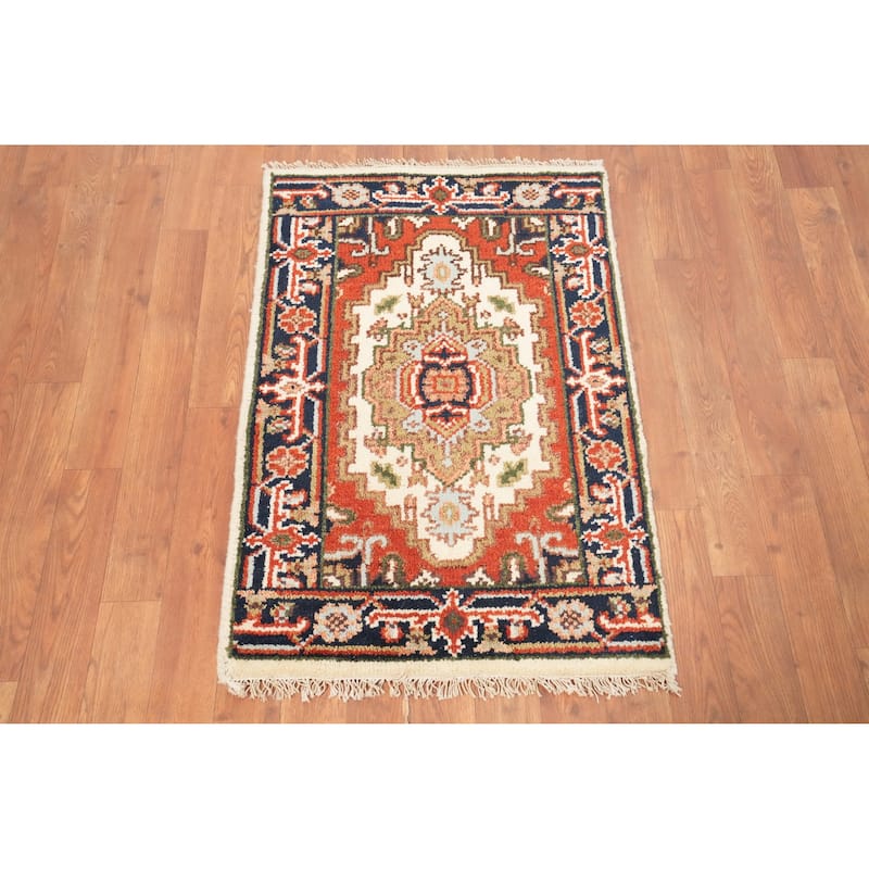 Hand Knotted Oriental 100% Wool Carpet Traditional Medallion Beige & Ivories Heriz (serapi) Area Rug - 3' 0'' X 2' 0''