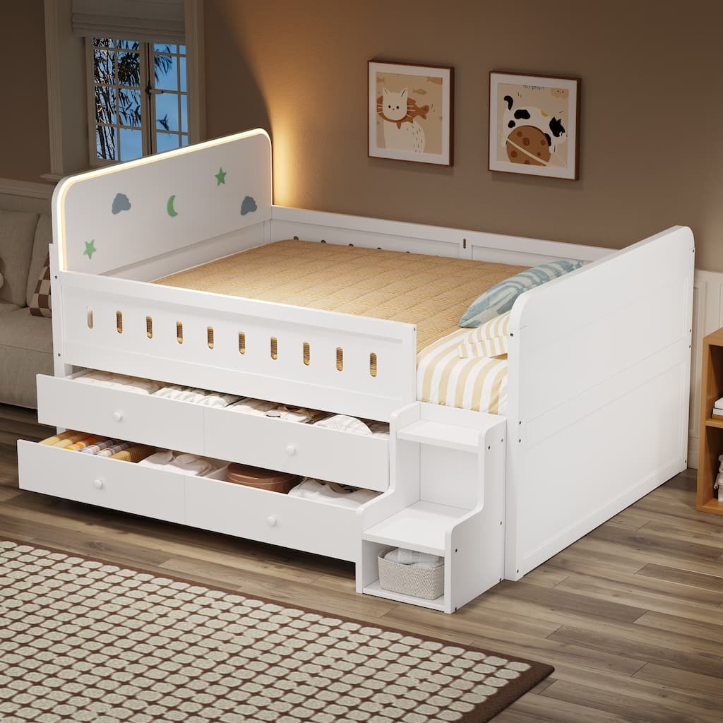 GDFStudio - Wooden Bed with Storage Drawers, Ladder Shelves and LED