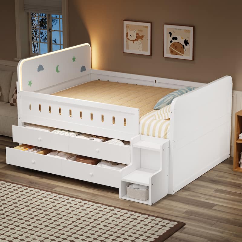 Wooden Full Size Bed Frame with Fun Headboard Built-in LED Light and Pull-out Storage Drawers, Staircase - White - Full
