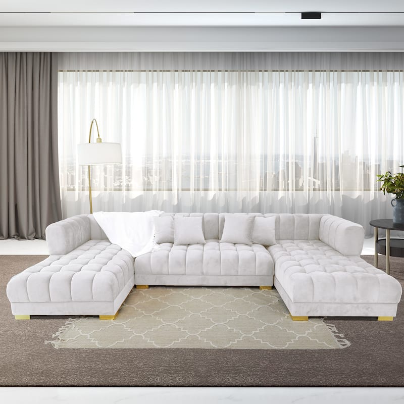 Elegante 3-Piece Velvet U-Shaped Corner Sectional Sofa - Ivory Velvet