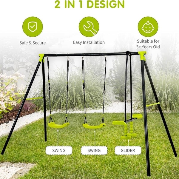 slide 2 of 6, Outdoor Playground Three Seat Children Metal Swing Set for Age 3 Up Green