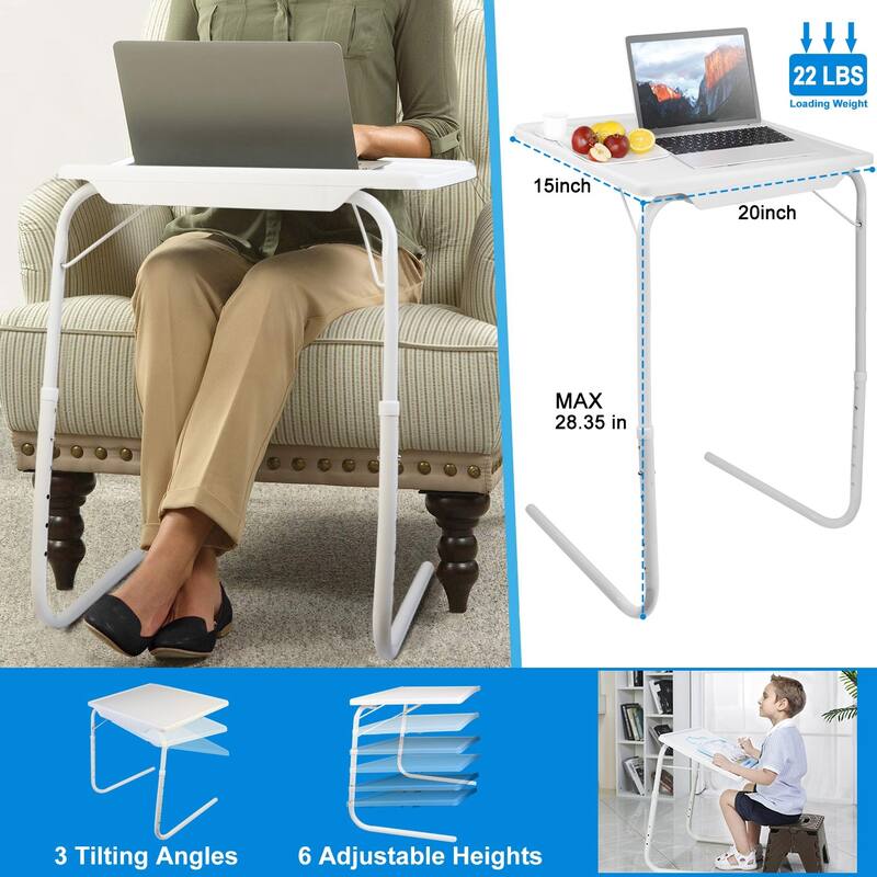 White Foldable TV Tray Table with Adjustable Angles and Lightweight Portable Desktop for Home