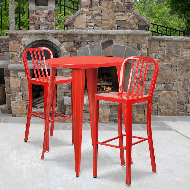 30'' Round Metal Indoor-Outdoor Bar Table Set with 2 Vertical Slat Back Stools - 30"W x 30"D x 41"H