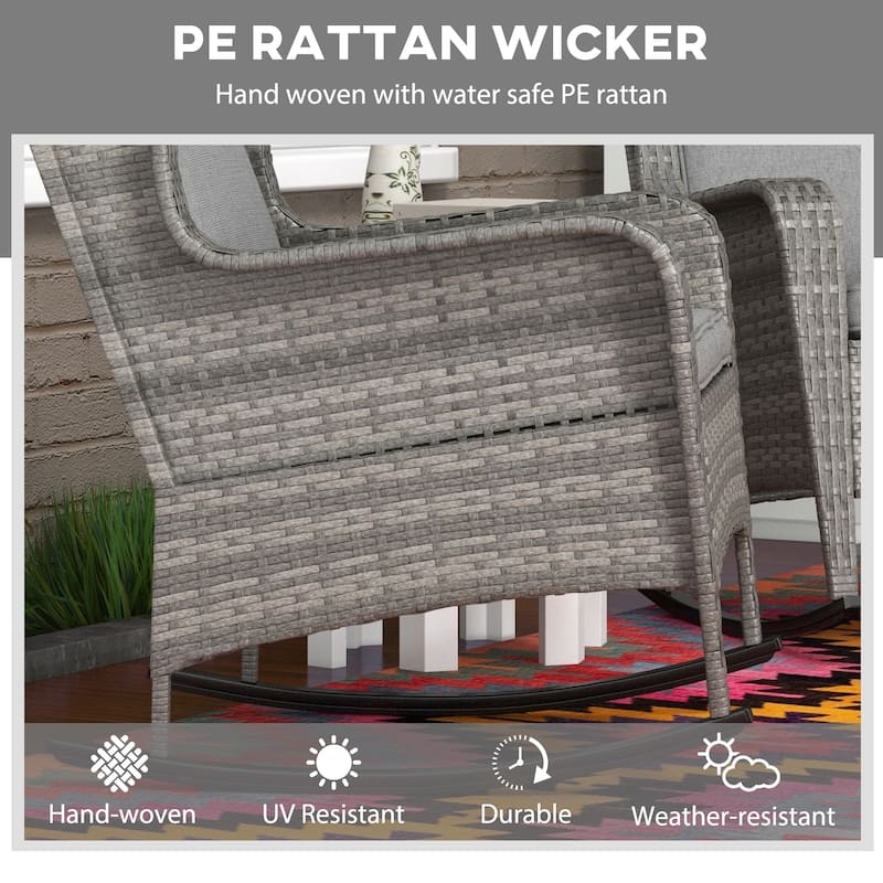 Outsunny Outdoor Wicker Rocking Chair Set of 2 with Wide Seat, Thick Cushions, Rattan Rockers with Steel Frame, High Weight