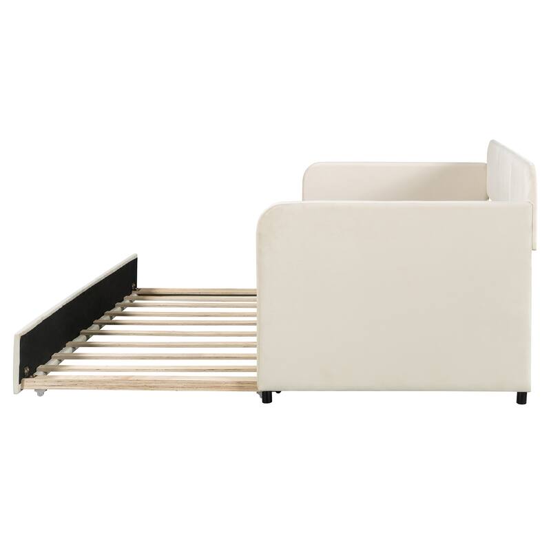 Twin Size Upholstered Daybed Sofa Bed with Trundle and Wood Slat, Light Blue/Beige/Gray