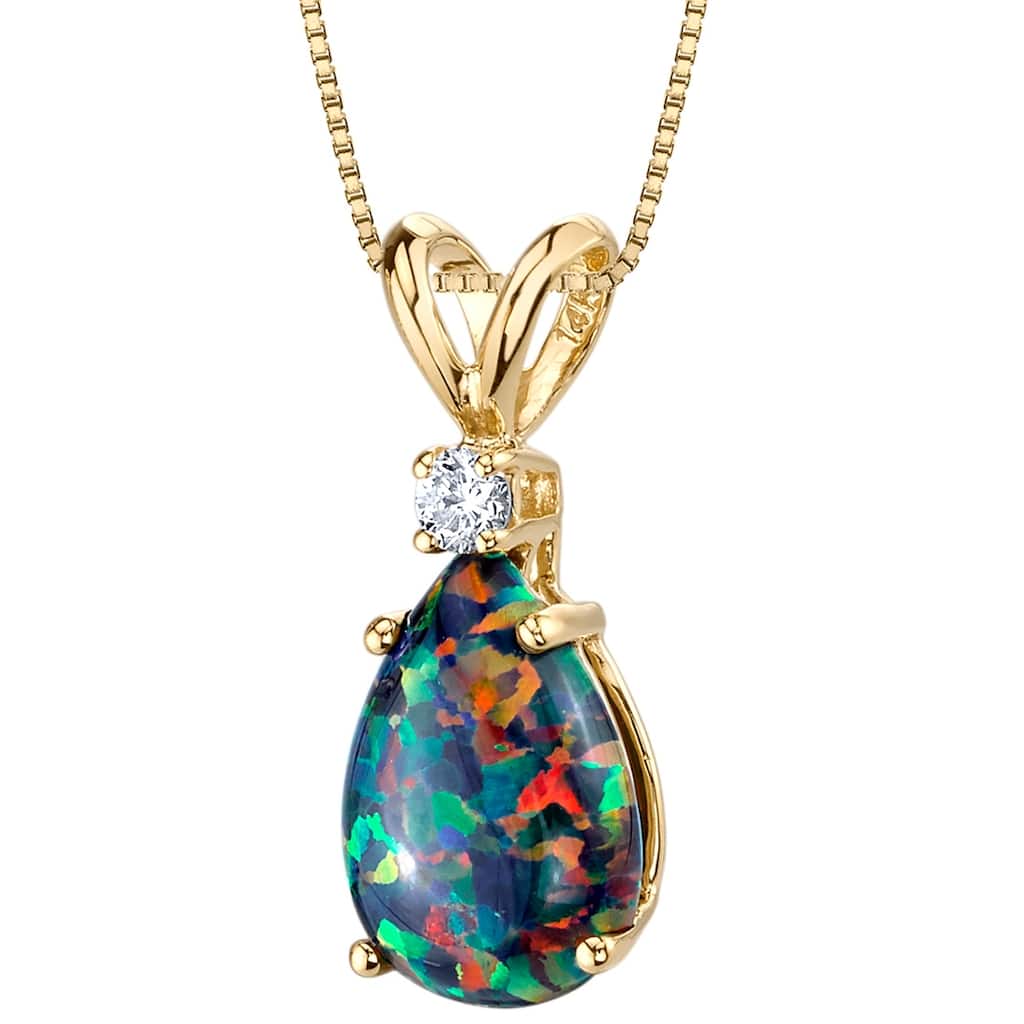 14k Yellow Gold Gold Pear Shape Created Black Opal Diamond Pendant