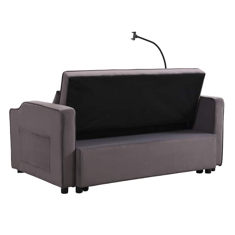 Charcoal Grey Modern Velvet 3 in 1 Convertible Sleeper Loveseat Futon Sofa with Adjustable Reclining Backrest and Toss Pillows