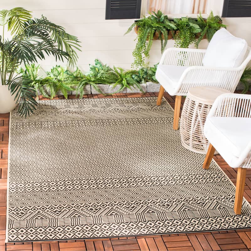 SAFAVIEH Courtyard Shikibu Indoor/ Outdoor Waterproof Patio Backyard Rug - 2'7" x 5' - Beige/Black