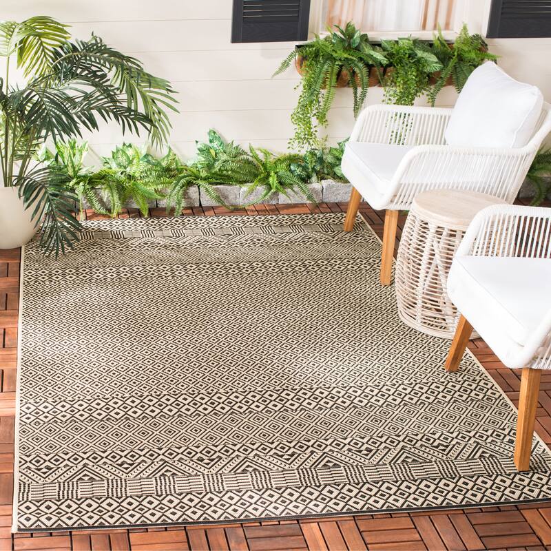 SAFAVIEH Courtyard Velia Indoor/ Outdoor Waterproof Patio Backyard Rug - 5'3" x 7'7" - Beige/Black
