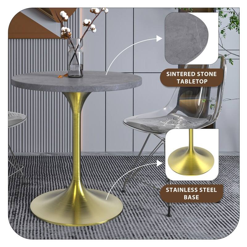 LeisureMod Verve 27" Round Dining Table with Sintered Stone TableTop and Brushed Gold Base for Kitchen & Dining Room
